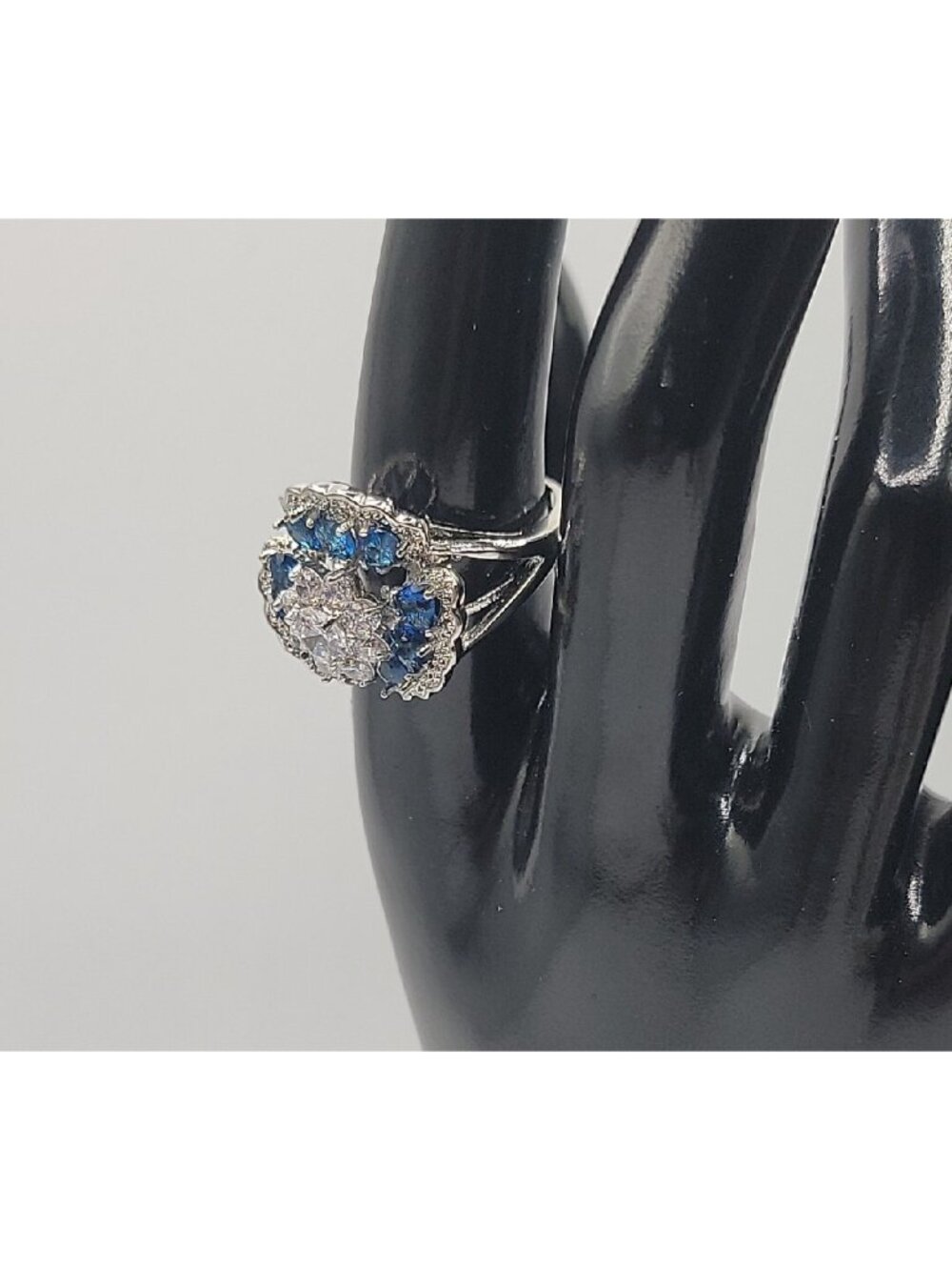 Sterling Silver Crystal Flower Ring Blue Clear Stones 925 Ruffled Petals SZ 9 - Picture 8 of 16